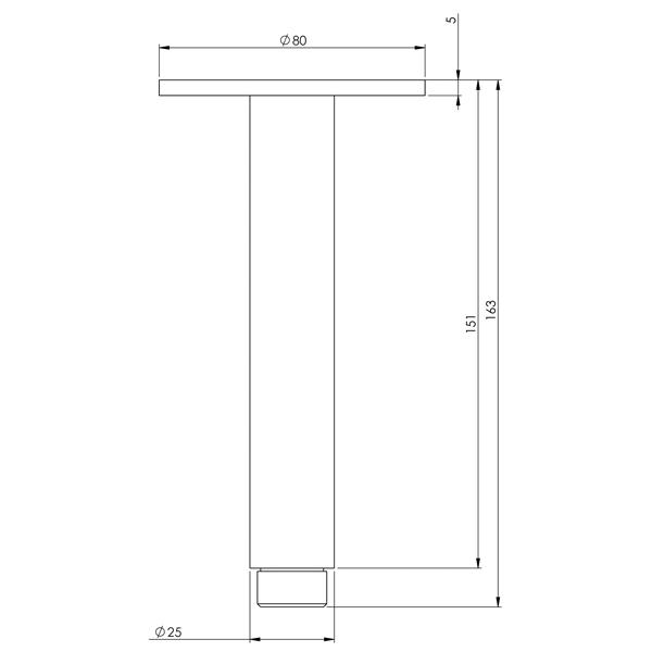 Phoenix Vivid ceiling mounted shower arm and plate, chrome technical drawing with dimensions