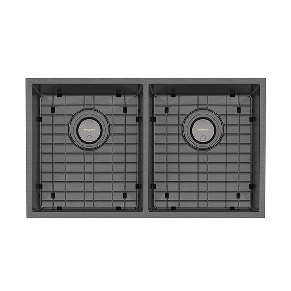 Phoenix 4000 Series double bowl kitchen sink in brushed carbon, top view, with matching basket wastes and sink grids