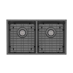 Phoenix 4000 Series double bowl kitchen sink in brushed carbon, top view, with matching basket wastes and sink grids