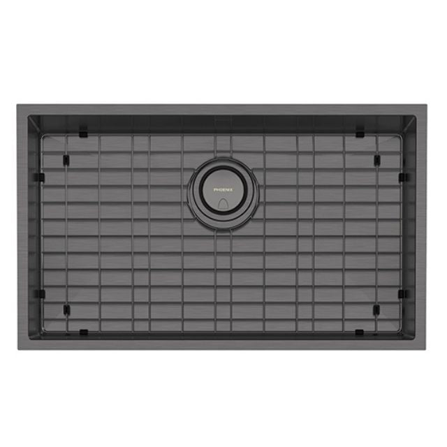 Phoenix 4000 Series extra large single bowl kitchen sink in brushed carbon, with matching grid and centre waste, top view