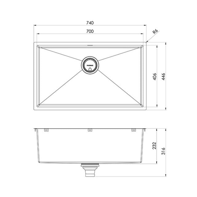 Phoenix 4000 Series single bowl kitchen sink technical drawing in stainless steel, showing 700mm top view and 232mm depth side view