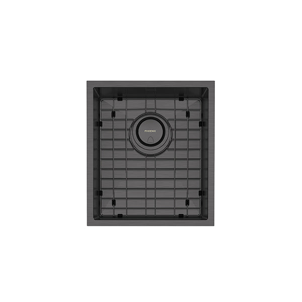 Phoenix 4000 Series single bowl kitchen sink in brushed carbon, top view, with centre waste and grid base protector