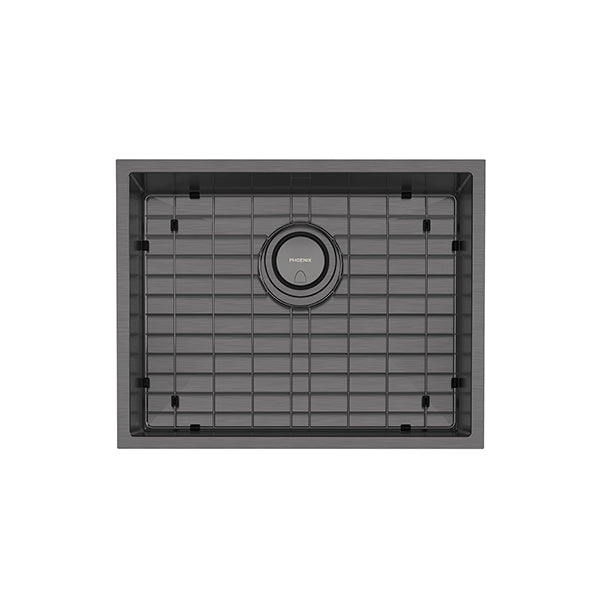 Phoenix 4000 Series single bowl kitchen sink in brushed carbon, with centre waste and grid insert, top view.