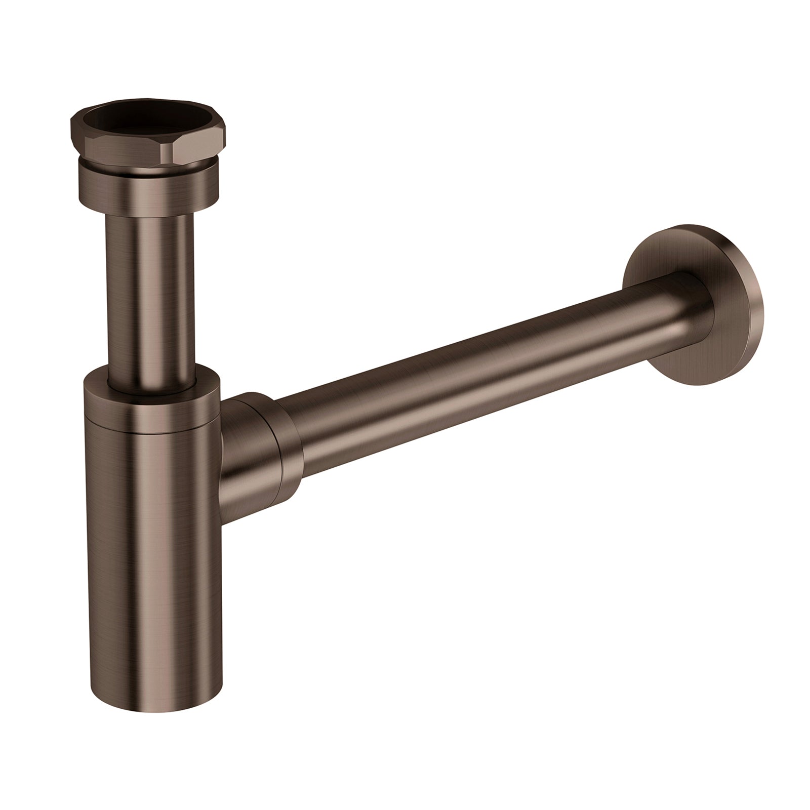 Phoenix 40mm bottle trap in brushed bronze, wall-mounted basin waste plumbing shown on white background