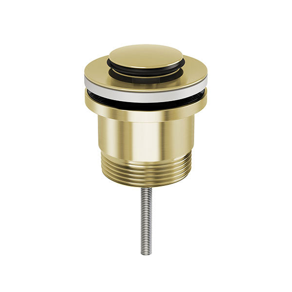 Phoenix 40mm flat pop-up waste in brushed gold, round basin/bath plug with threaded fitting on white background