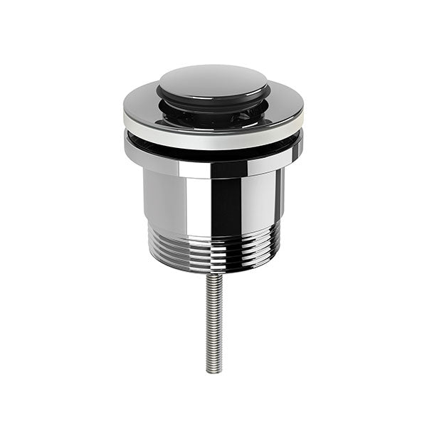 Phoenix 40mm universal flat pop-up waste in polished chrome, round basin plug on white background