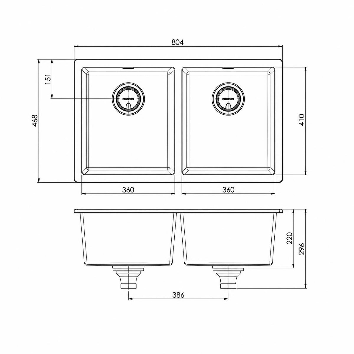 Phoenix 5000 Series Double Bowl Quartz Resin Sink 804 x 468mm Matte White