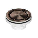 Phoenix covered sink basket waste in brushed bronze, round top view, with removable cover and threaded white body on white background