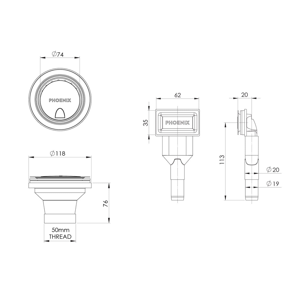 Phoenix 50mm Covered Sink Basket Waste & Overflow Brushed Carbon