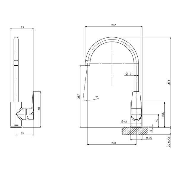Phoenix Arlo gooseneck sink mixer technical drawing in brushed nickel, showing side and front dimensions