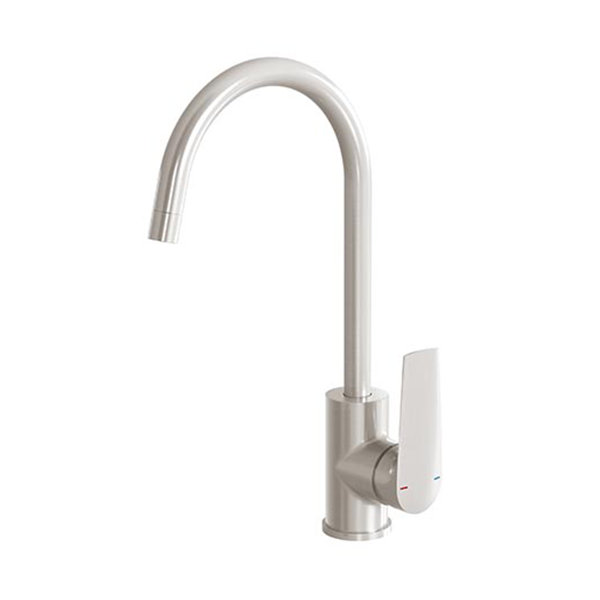 Phoenix Arlo brushed nickel gooseneck sink mixer tap with single lever on white background