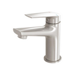 Phoenix Arlo basin mixer tap in brushed nickel, side view, with sleek flat spout and lever handle