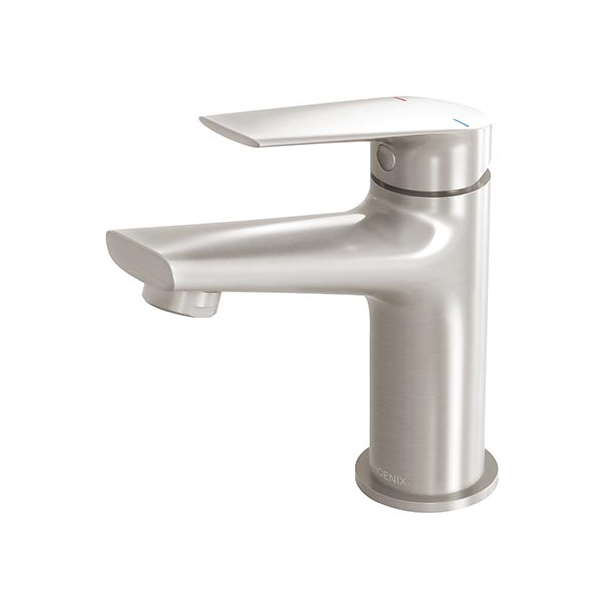 Phoenix Arlo basin mixer tap in brushed nickel, side view, with sleek flat spout and lever handle