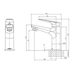 Phoenix Arlo basin mixer technical drawing in brushed nickel, showing front and side views with dimensions
