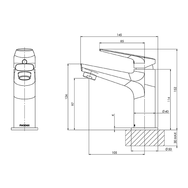 Phoenix Arlo basin mixer technical drawing in brushed nickel, showing front and side views with dimensions