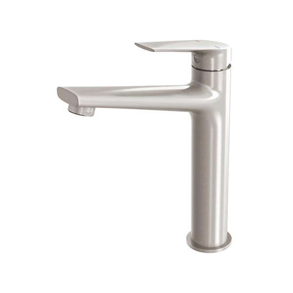 Phoenix Arlo vessel mixer in brushed nickel, tall modern basin tap, side view on white background