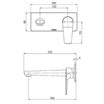 Technical drawing of Phoenix Arlo wall basin/bath mixer set in brushed nickel, showing front and side views with 200mm outlet dimensions.