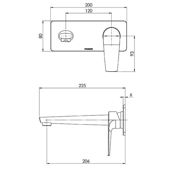 Technical drawing of Phoenix Arlo wall basin/bath mixer set in brushed nickel, showing front and side views with 200mm outlet dimensions.