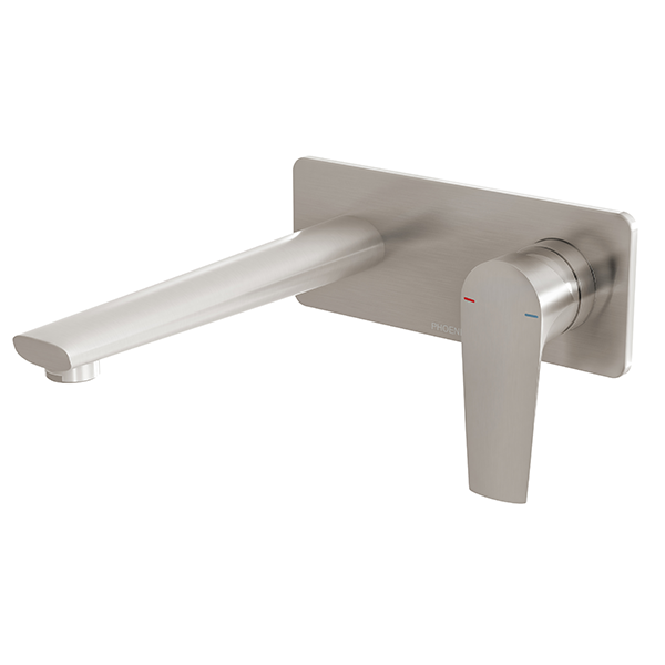 Phoenix Arlo wall basin/bath mixer set in brushed nickel, wall-mounted with single lever and 200mm spout, front view