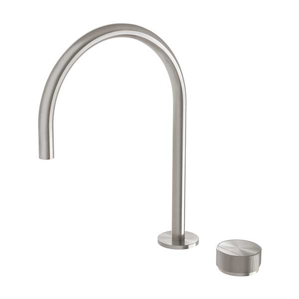 Phoenix Axia brushed nickel hob sink mixer set with curved gooseneck spout and round handle knob on white background