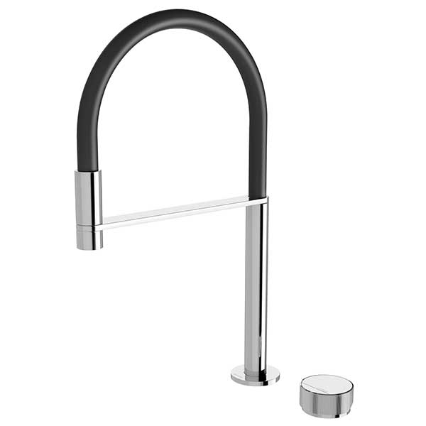 Phoenix Axia chrome hob sink mixer with black flexible hose, arched pull-out spout and round control knob on white background