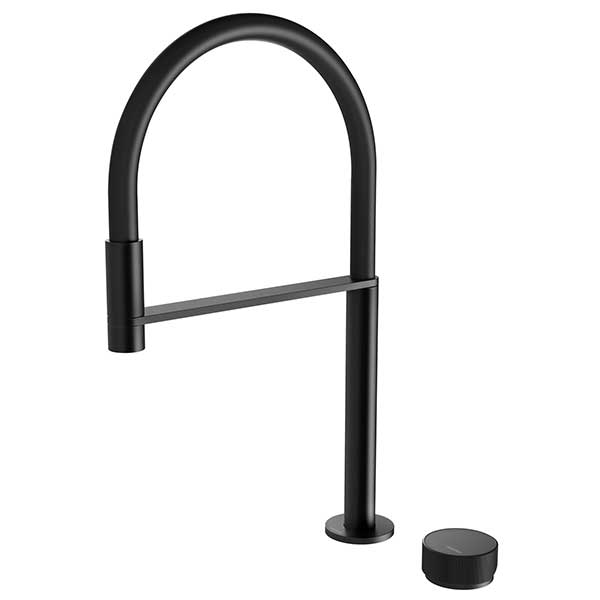 Phoenix Axia matte black hob sink mixer set with curved swivel spout and round base, shown on white background