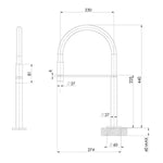 Phoenix Axia hob sink mixer technical drawing in matte black, with dimensions and side and front views on white background