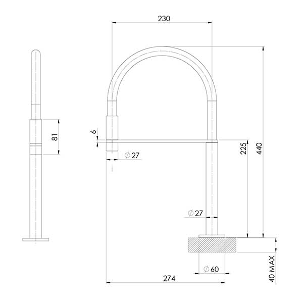 Phoenix Axia hob sink mixer technical drawing in matte black, with dimensions and side and front views on white background
