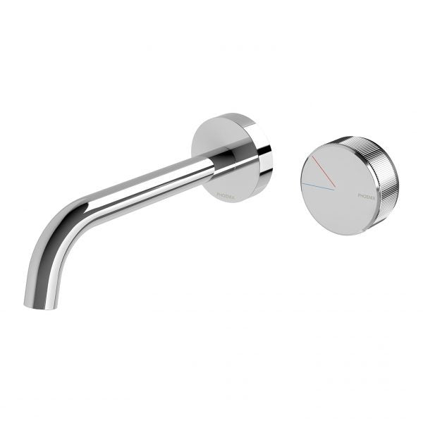 Phoenix Axia chrome wall basin/bath curved outlet set with round wall plate and matching control spindle set