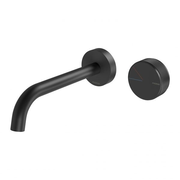 Phoenix Axia wall basin/bath curved outlet set in matte black, with round wall plate and mixer handle