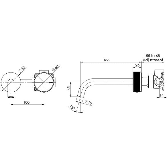 Phoenix Axia wall basin/bath curved outlet set in chrome, technical drawing with dimensions shown