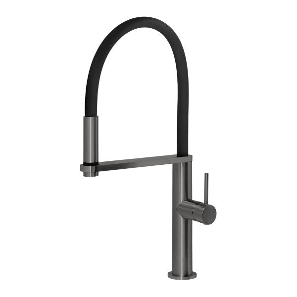 Phoenix Blix pull-out sink mixer tap in brushed carbon with round black hose and side lever handle