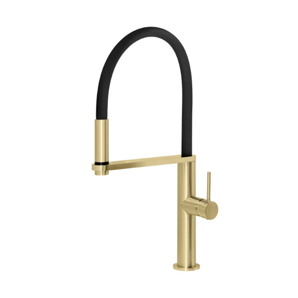 Phoenix Blix flexible hose sink mixer in brushed gold and black, with round arch spout and lever handle, on white background
