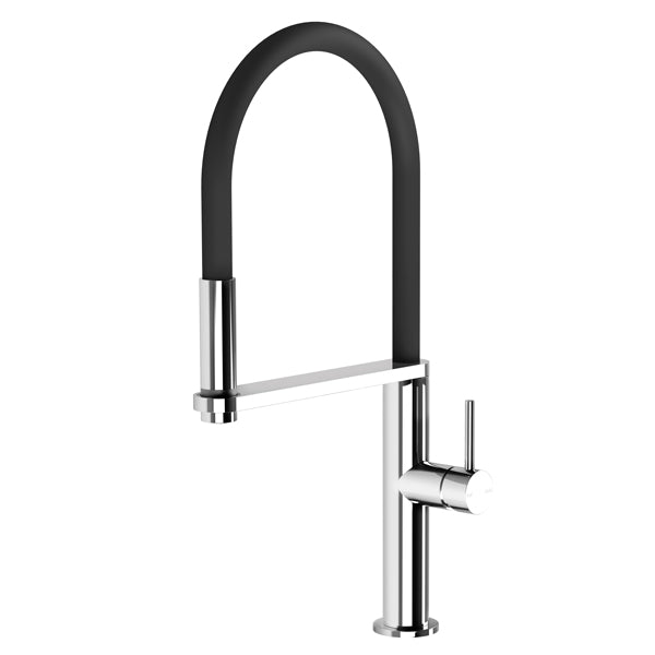 Phoenix Blix round pull-out sink mixer in chrome with black flexible hose and chrome hob-mounted lever handle