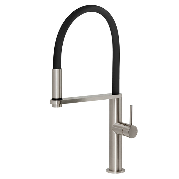 Phoenix Blix pull-out sink mixer tap in brushed nickel with black flexible hose, side lever, on white background