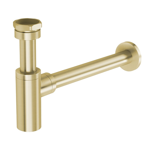 Phoenix 40mm bottle trap in brushed gold, wall-mounted basin pipe trap with slim round profile