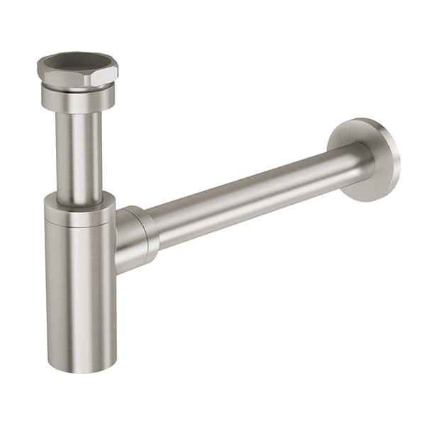 Phoenix 40mm bottle trap in brushed nickel, slim wall-hung basin waste pipe fitting on white background