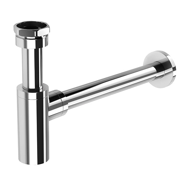 Phoenix 40mm bottle trap in polished chrome, shown on white background with wall connection and horizontal pipe.
