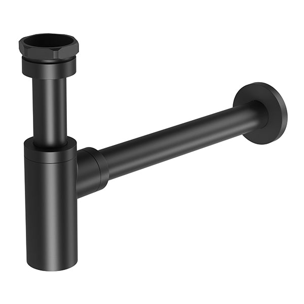 Phoenix 40mm bottle trap in matte black, wall-mounted basin plumbing with slim cylindrical pipework