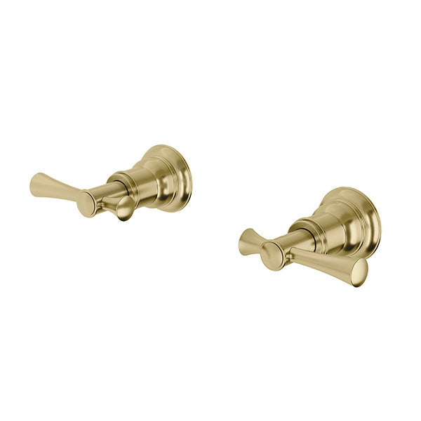 Phoenix Cromford wall top tap assemblies in brushed gold, pair of round wall-mounted taps with extended spindles on white background