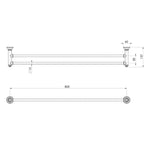 Phoenix Cromford double towel rail technical drawing, brushed nickel, 800mm, with dimensions and side/front views