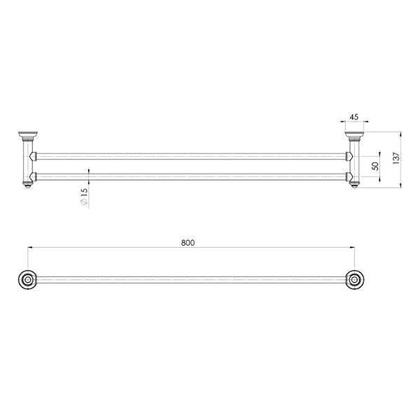 Phoenix Cromford double towel rail technical drawing, brushed nickel, 800mm, with dimensions and side/front views