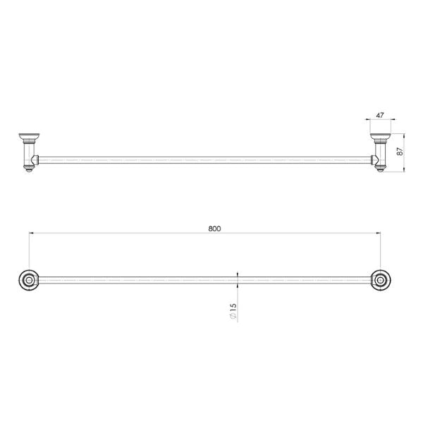 Phoenix Cromford 800mm single towel rail technical drawing, brushed gold brass finish, front and side views with dimensions