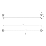 Phoenix Cromford single towel rail technical drawing, matte black, 800mm length, concealed brackets, front and top views