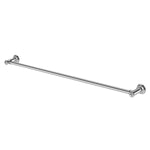 Phoenix Cromford single towel rail in chrome, 800mm, with round wall mounts and slim brass bar on white background