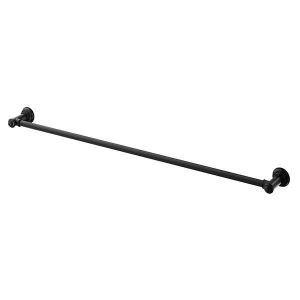 Phoenix Cromford single towel rail in matte black, 800mm, with round wall mounts on a white background