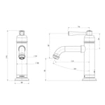 Phoenix Cromford basin mixer technical drawing, showing front and side views with dimensions, brushed gold tap design.