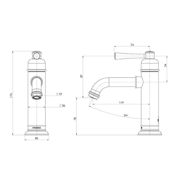 Technical drawing of Phoenix Cromford basin mixer tap in matte black, showing front and side views with dimensions and spout reach