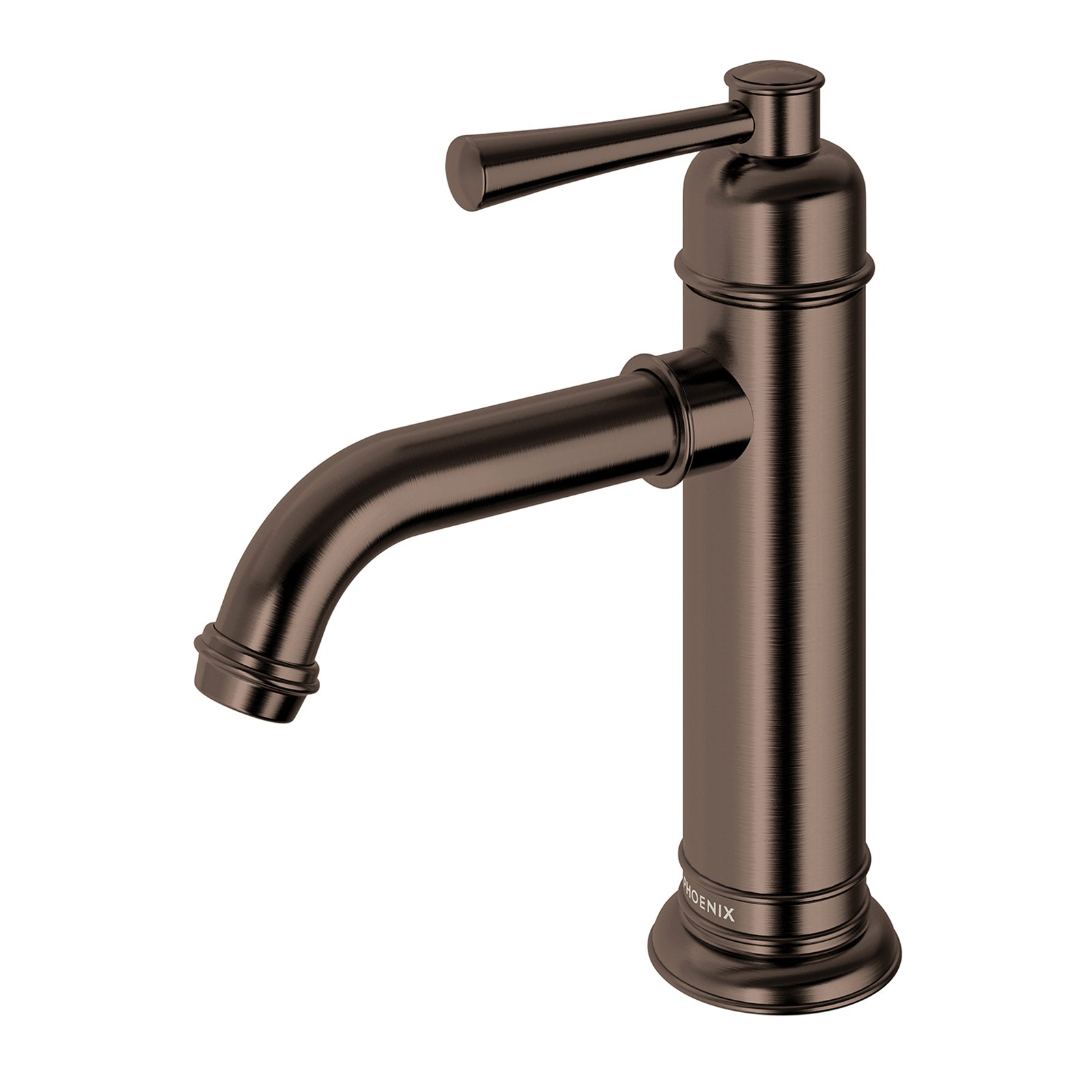 Phoenix Cromford basin mixer tap in brushed bronze, with tall cylindrical body and curved spout on white background