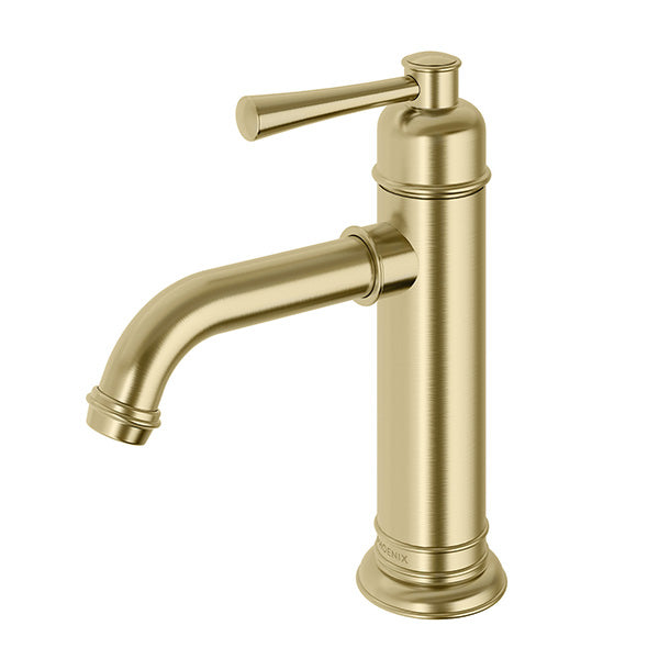 Phoenix Cromford basin mixer tap in brushed gold, single lever, side view on white background